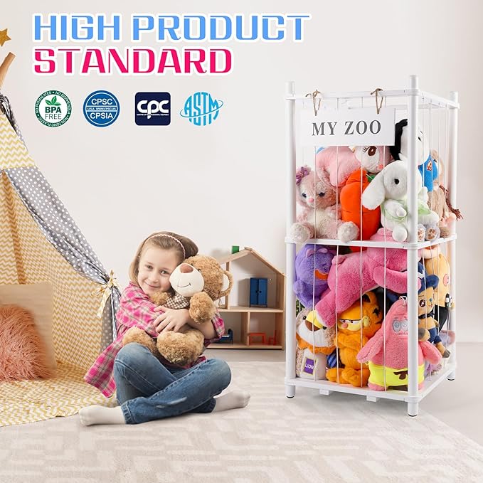 GLDZI Stuffed Animal Storage Zoo, Wooden Stuffed Animal Organizer with Elastic Cords for Boys Girls, Space Saving Toy Plushies Storage Holder for Playroom, Bedroom, Living Room (White, Small)