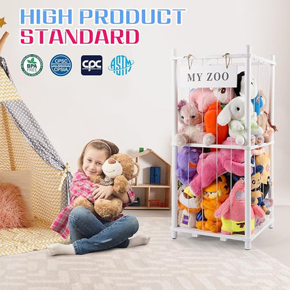 GLDZI Stuffed Animal Storage Zoo, Wooden Stuffed Animal Organizer with Elastic Cords for Boys Girls, Space Saving Toy Plushies Storage Holder for Playroom, Bedroom, Living Room (White, Small)