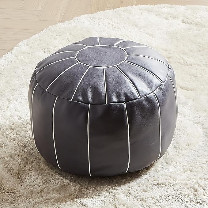 Louis Donné 21 Inch Unstuffed Moroccan Pouf Ottoman Cover, Handmade Faux Leather Foot Stool, Round Storage Poof Cover, Exotic Décor for Living Room Bedroom or Wedding Gifts (Light Gray)