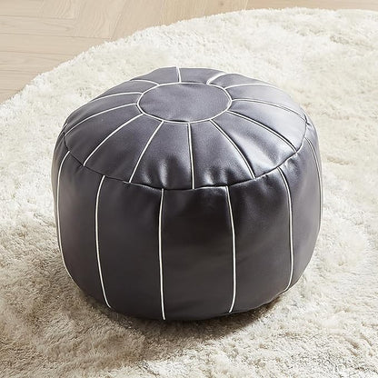 Louis Donné 21 Inch Unstuffed Moroccan Pouf Ottoman Cover, Handmade Faux Leather Foot Stool, Round Storage Poof Cover, Exotic Décor for Living Room Bedroom or Wedding Gifts (Light Gray)
