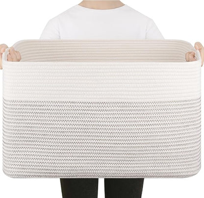 75L Large Cotton Rope Basket, Soft Toy Storage Bin for Nursery & Living Room, Decorative Blanket Basket for Bedroom, Baby-Safe Organizer for Pillows &Laundry, 22''×17''×12'', Black & White