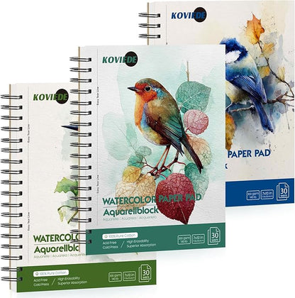 KOVIEDE 100% Cotton Watercolor Paper Pad 3 Pack (90 Sheets) Cold Press 140lb/300gsm Spiral Bound Watercolor Sketchbook, Artist Quality Art Journal Supplies (Bird-3 Pack-N, 7"x10")