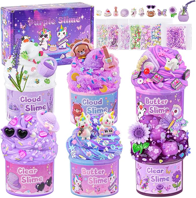 6 Pack Slimes, Purple Slime for Kids, Butter Cloud Slime kit for Girls Ages 8-12, Toys for Girls and Boys, Birthday Halloween Christmas Party Favors for Kids Goodie Bag Stuffers