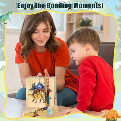 CJiangpo Wooden Dinosaur Chunky Puzzles - 4 in 1 Woodland Dinosaur Puzzle Blocks Sensory Toys for Toddlers 2+ Years, Realistic Animals Building Block Stacking Educational Toy Game for Boy Girl