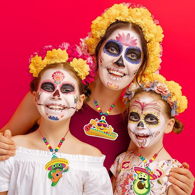 Qyeahkj Mexican Fiesta Craft Kit for Kids - 32 Pack DIY Necklaces, Taco Stickers, Arts Hanging Decoration, Party Supplies Favor, Ideal for Classroom Activities & Gift Exchange