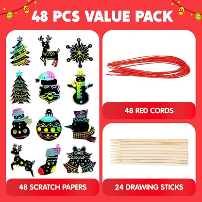 JOYIN 48 Pcs Christmas Scratch Art Ornaments, Scratch Paper Craft Kit Include Snowman, Snowflakes, Christmas Tree, and Reindeer, Rainbow Color Scratch Off Hanging Ornament for Kids Party Favors