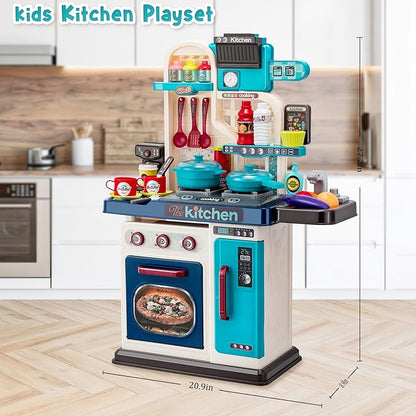 Kids Kitchen Playset-53pcs Cooking Stove,Paly Sink,Oven,Kitchen Toys with Realistic Lights&Sounds，Pretend Play Toys,Kitchen Toys for Toddler 1 2 3(Blue)