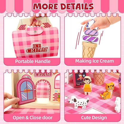 Wooden Ice Cream Shop Set with Handbag, 39 Pcs Pretend Play Food Toys for Kids, Montessori Kitchen Playset Accessories for Toddlers Girls Boys 3 4 5