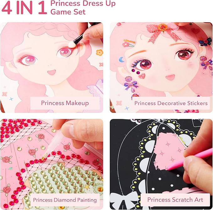 Mideer 4 in 1 Art Craft Kits for Kids, Princess Dress Up Game Set with Diamond Painting & Scratch Paper Art, Paper Fantasy Makeup Activity Art Craft Kits for Girls Age 3 4 5 6 7 8