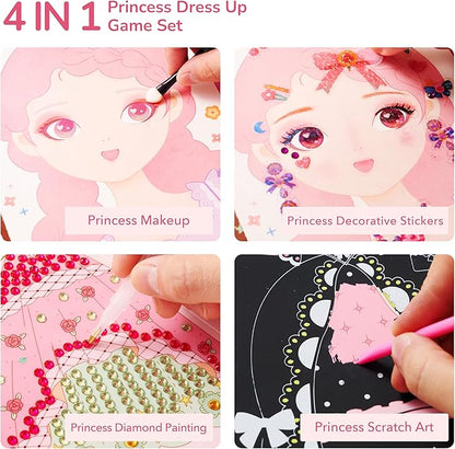 Mideer 4 in 1 Art Craft Kits for Kids, Princess Dress Up Game Set with Diamond Painting & Scratch Paper Art, Paper Fantasy Makeup Activity Art Craft Kits for Girls Age 3 4 5 6 7 8