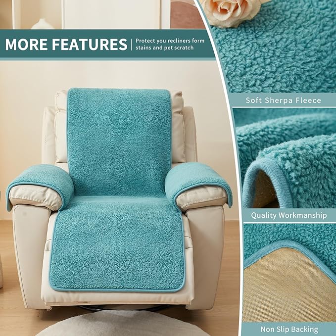 vctops Sherpa Fleece Recliner Chair Cover Super Soft Warm Plush Sofa Slipcover Furniture Protector Non Slip Washable Reclining Chair Cover for Kids, Pets (Lake Blue,30"x91")