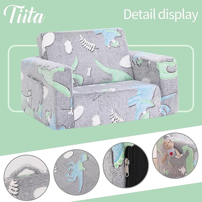 Tiita Kids Sofa, 2-in-1 Kids Sofa Chair, Convertible Toddler Couch to Lounger, Flip Out Baby Sofa Chair, Toddler Armrest Chair Bed, Folding Kids Play Sofa for Girl or Boy(Dark Grey Dinosaur)