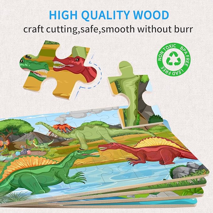 Puzzles for Kids Ages 3-5 4-6, 24 Pieces Dinosaur Wooden Jigsaw Puzzles for Toddlers Ages 3 4 5 6 Year Olds Educational Learning Toys Children Puzzles for Kids Boys and Girls