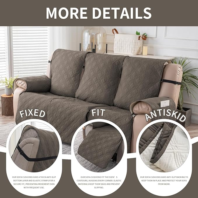 Easehomey Waterproof Recliner Sofa Cover,Non-Slip Reclining Sofa Covers for 3 Seat,Washable Reclining Sofa Cover Furniture Protector with Elastic Straps Pocket for Kids, Pets(Taupe,3Seat)