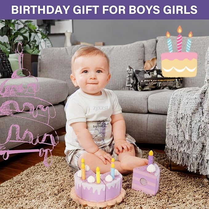 Pretend Play Food for Toddlers 1-3,Wooden Birthday Fake Cake with Candles and Numbers,Tea Party Learning Kitchen Gift Toys for Boys Girls (Cream Cake)