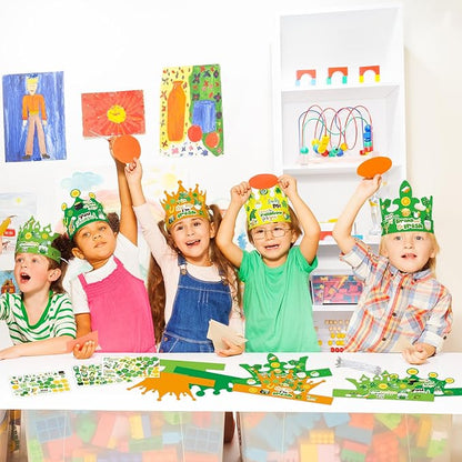 WorldBazaar St. Patrick's Day Crown Hat Craft for Kids 24 Pack Lucky Shamrock Clover Paper Hat with Stickers Green Irish Classroom Family Party Favors Supplies