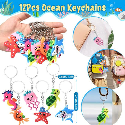 12Sets Under the Sea Party Favors Birthday Supplies, Sea Animal Drawstring Bags Silicone Bracelets Keychains Tattoo Stickers Pinata Filler Goodie Bag Stuffers, Ocean Themed Party Favors Supplies