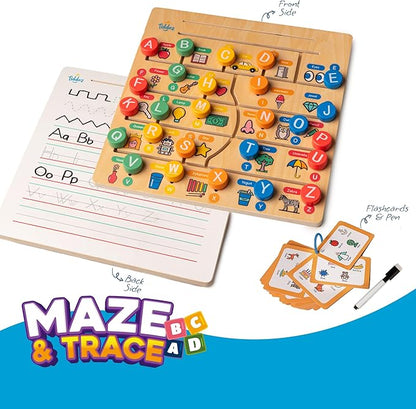 Maze & Trace Alphabet Double-Sided 8in1 Modes! Montessori Toy for Toddlers 3-6 Years. Wooden Puzzle, Flashcards, Tracing & 100+ Sight Words. Encourages Early Literacy & Motor Skills!