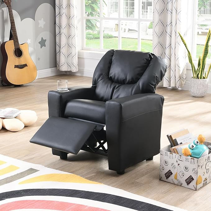 21.3" Kids Recliner Chair,Toddler Armchair Upholstered Couch with Cup Holder, Backrest,Children Upholstered Seating Sofa w/Headrest and Footrest,for Child's Bedroom,Black