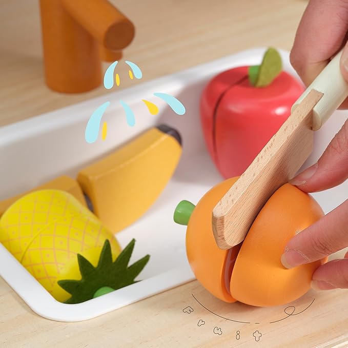 PairPear Wooden Toys Play Food Sets for Kids Kitchen, Kids Toy Food Cutting Fruit Set for Toddlers 3+ Years Old, Pretend Food Play Kitchen Accessories for Girls and Boys