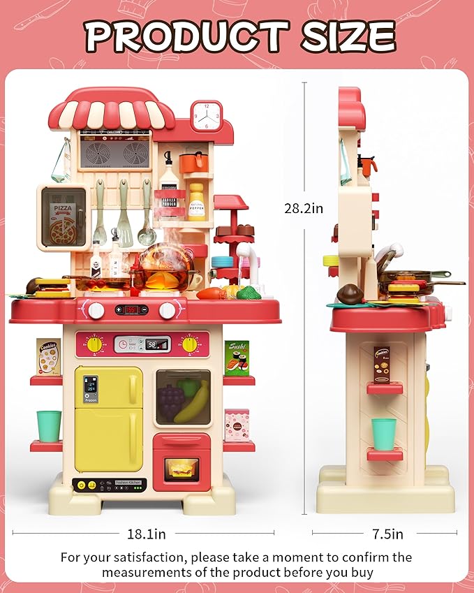 49Pcs Kitchen Playset for Boys & Girls, Kid Play Kitchen with Realistic Lights & Sounds, Spray Sink Toy Kitchen Accessories, Pretend Food Toys Kitchen for Toddlers(Red)