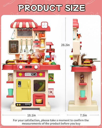 49Pcs Kitchen Playset for Boys & Girls, Kid Play Kitchen with Realistic Lights & Sounds, Spray Sink Toy Kitchen Accessories, Pretend Food Toys Kitchen for Toddlers(Red)