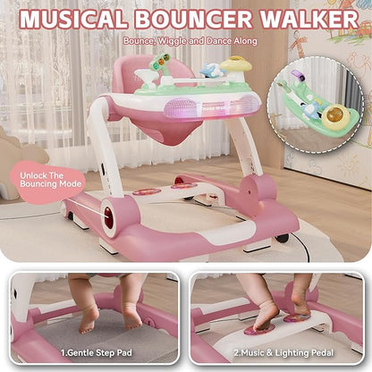 Baby Walker with Wheels, 5 in 1 Walker for Baby Boy Girl 6-12 Months with Bouncer, Music and Lights Baby Jumper Activity Center, Adjustable Height Speed, Push Walker for Ages 6-18 Months Toddler