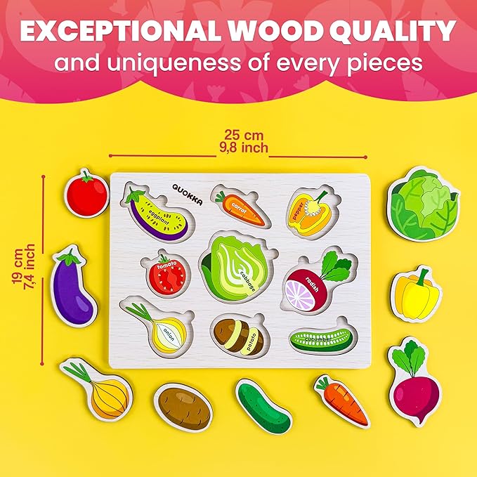 QUOKKA Wooden Puzzles for Toddlers 1-2 – 4 Set Pegged Puzzles for Kids Ages 1-2 – Veggies Learning Toy for Kids – Gift Realistic Educational Game for Boy and Girl