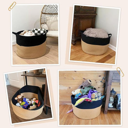 INDRESSME XXXLarge Cotton Rope Basket Woven Baby Laundry Basket Blanket Baskets Toy Baskets with Handle Comforter Cushions Storage Bin Thread Laundry Hamper - 21.7" x 21.7" x 13.8"