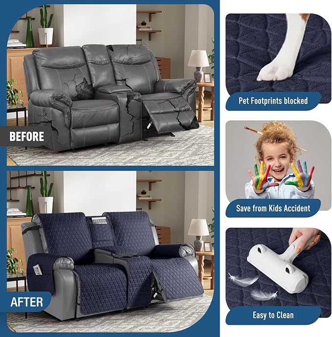 TAOCOCO 100% Waterproof Recliner Cover -Loveseat Recliner Cover with Center Console,Non-Slip Reclining Couch Covers for 2 Seat,with Elastic Straps Pocket for Kids, Dogs(Dark Blue, 2 Seater XL)
