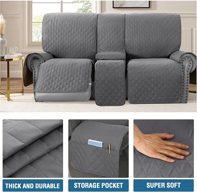 H.VERSAILTEX 100% Waterproof Loveseat Recliner Cover with Center Console Anti Slip Reclining Loveseat Cover with Adjustable Elastic Straps (Recliner Loveseat with Console, Rocket Gray)