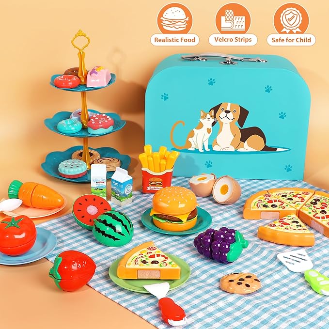 Kids Picnic Basket, Toy Food for Toddlers 1-3, Play Food Sets for Kids Kitchen Role Playset with Carry Case Fake Food Fruit Play Kitchen Accessories, Birthday for Toddler Girls Boys