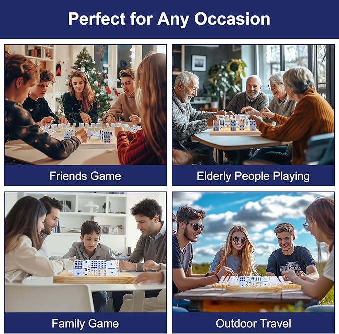 Mexican Train Dominoes Set, 91 Tiles Double 12 Game with 8 Wooden Racks/Trays, Tin Box, and Colorful Trains, Classic Domino Set, Perfect for Kids, Adults, and Families (D12 + 8 Holders)