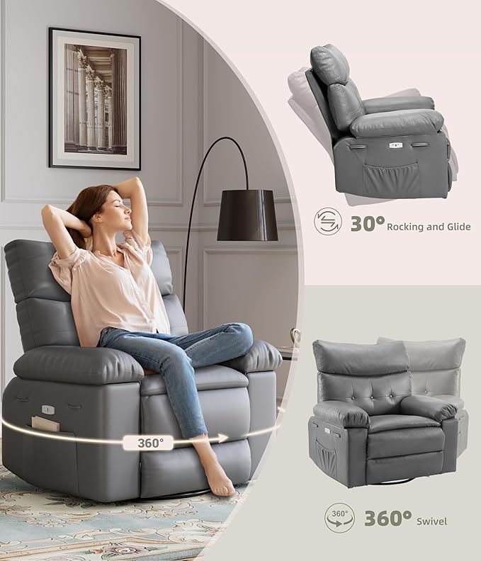 Oversized Power Recliner Chair - Electric 360° Rocker Swivel Recliner with Heat and Massage, PU Leather Large Recliners for Adults, Comfortable Lazy Chair with 1.5X Sponge Filling