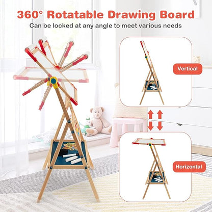 Costzon 3 in 1 Kids Art Easel, 360°Rotating Double-Sided Wood Easel w/Magnetic Whiteboard, Chalkboard & Paper Roll, Large Storage Tray, Alphabet Abacus, Standing Drawing Board for Toddlers Boys Girls