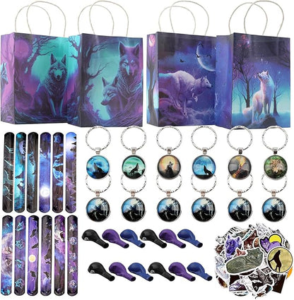 98 pcs Halloween Wolf Party Favors For Kids -Wolf Birthday Party Favors with Wolf Storage Bag Balloons Keychains Clapping Wristbands and Wolf Stickers for Wolf Party Decorations and Halloween