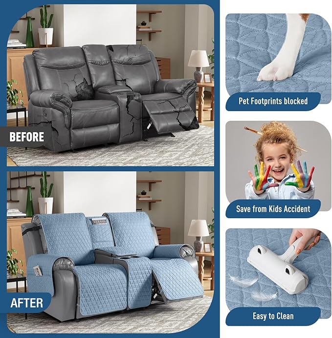 TAOCOCO 100% Waterproof Recliner Cover -Loveseat Recliner Cover with Center Console,Non-Slip Reclining Couch Covers for 2 Seat,with Elastic Straps Pocket for Kids, Dogs(Sky Blue, 2 Seater XL)
