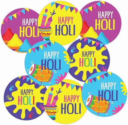 Happy Holi Stickers, 40 Pieces, 2 inches, Round, 4 Unique Designs