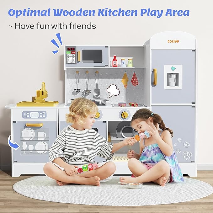 Play Kitchen for Kids, Wooden Play Kitchen with Toy Storage System, 21pcs Accessories Included, Oven Faucet, Microwave, Ice Maker, BBQ, with Lights & Sounds Kitchen Playset Gift for Ages 3+