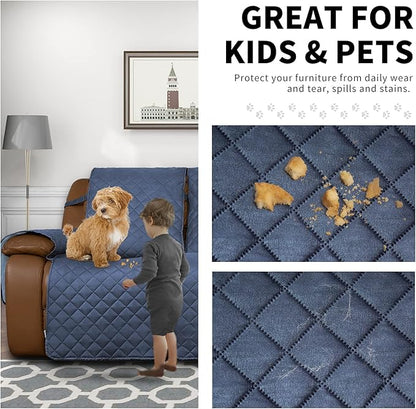 Easy-Going Recliner Sofa Cover, Reversible Couch Cover for 3 Seat Recliner, Split Sofa Cover for Each Seat, Furniture Protector with Elastic Straps for Kids, Dogs, Pet(3 Seater, Dark Blue/Light Blue)