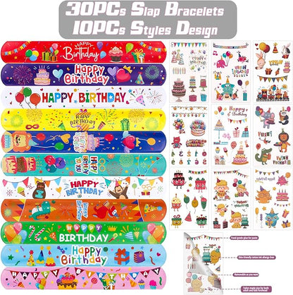 30pcs Happy Birthday Slap Bracelets with 10pcs Tattoo Stickers for Kids Birthday Party Favors Classroom School Favors Prizes Exchanging Favors