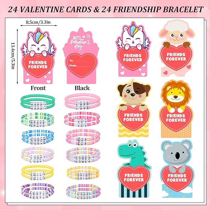MOVINPE Valentines Day Cards for Girls Classroom Bulk, 24 Pack Friendship Bead Bracelets with Valentines Day Gift Cards, Classroom Prizes, Exchange Gift, Valentine’s Day Cards for Kids School