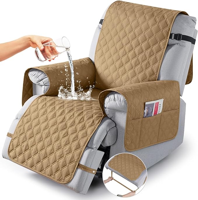TAOCOCO 100% Waterproof Recliner Covers, Recliner Sofa Covers with Leg Straps, Reversible Recliner Couch Cover for Reclining Chair, Washable Couch Protector for Pets Kids(1 Seater 28", Camel)