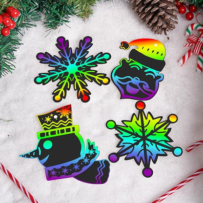 JOYIN 48 Pcs Christmas Scratch Art Ornaments, Scratch Paper Craft Kit Include Snowman, Snowflakes, Christmas Tree, and Reindeer, Rainbow Color Scratch Off Hanging Ornament for Kids Party Favors