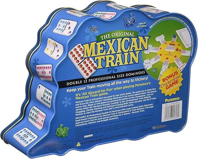 Mexican Train Double 12 Professional Size Dominoes with Bonus Chickenfoot Game Included Travel Tin Board Game, 91 Tiles, Challenging, Fun Game for Ages 6 Years & Up, Blue