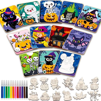 12 Pack Halloween Wooden Puzzles for Toddlers Halloween Puzzles Coloring Craft Kits for Kids Boys Girls Montessori Toys Halloween Party Favors Treat Bag Gifts Educational Learning Jigsaw Puzzle