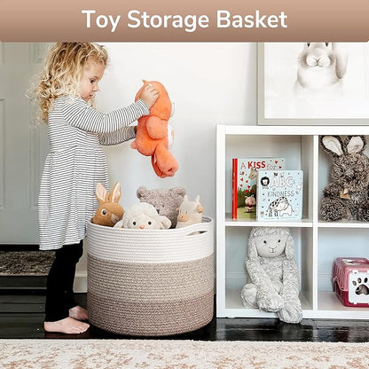Goodpick Large Woven Basket, Blanket Basket Living Room 15.8"x15.8"x13.8", Woven Storage Bin for Baby Laundry, Light & Brown