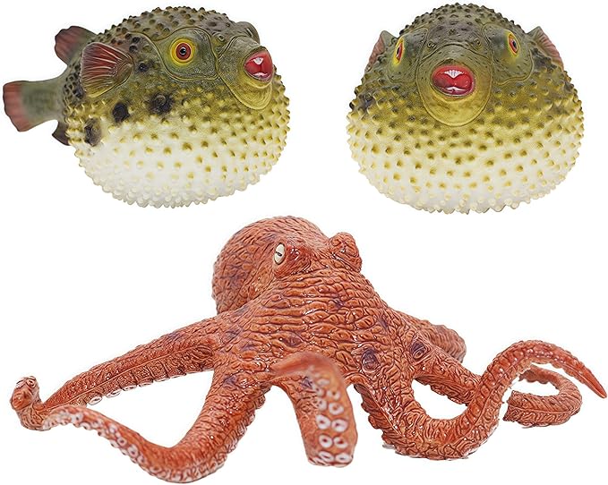 Gemini&Genius Pufferfish and Octopus Toys for Kids, Sea Animals Action Figure Set, Pufferfish and Octopus Hard Plastic Figurines, Sea Life Educational Gifts, Play&Display, Collection Models for Kids