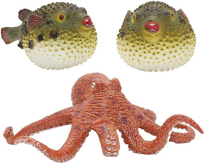 Gemini&Genius Pufferfish and Octopus Toys for Kids, Sea Animals Action Figure Set, Pufferfish and Octopus Hard Plastic Figurines, Sea Life Educational Gifts, Play&Display, Collection Models for Kids