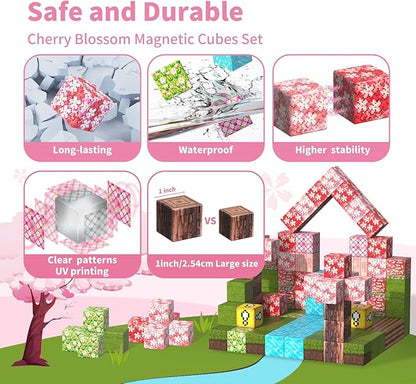 Magnetic Blocks-120PCS Magnets Cubes, Cherry Blossom Magnetic Building Blocks Toddler Magnetic Toys for Age 3-4 5-7 6-8,STEM Sensory Toys Birthday Gifts for 3+ Years Old Boys & Girls